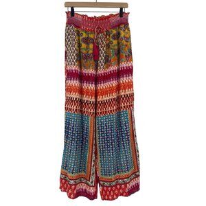 America & Beyond Size Large Smocked Waist Mixed Print Colorful Wide Leg Pants